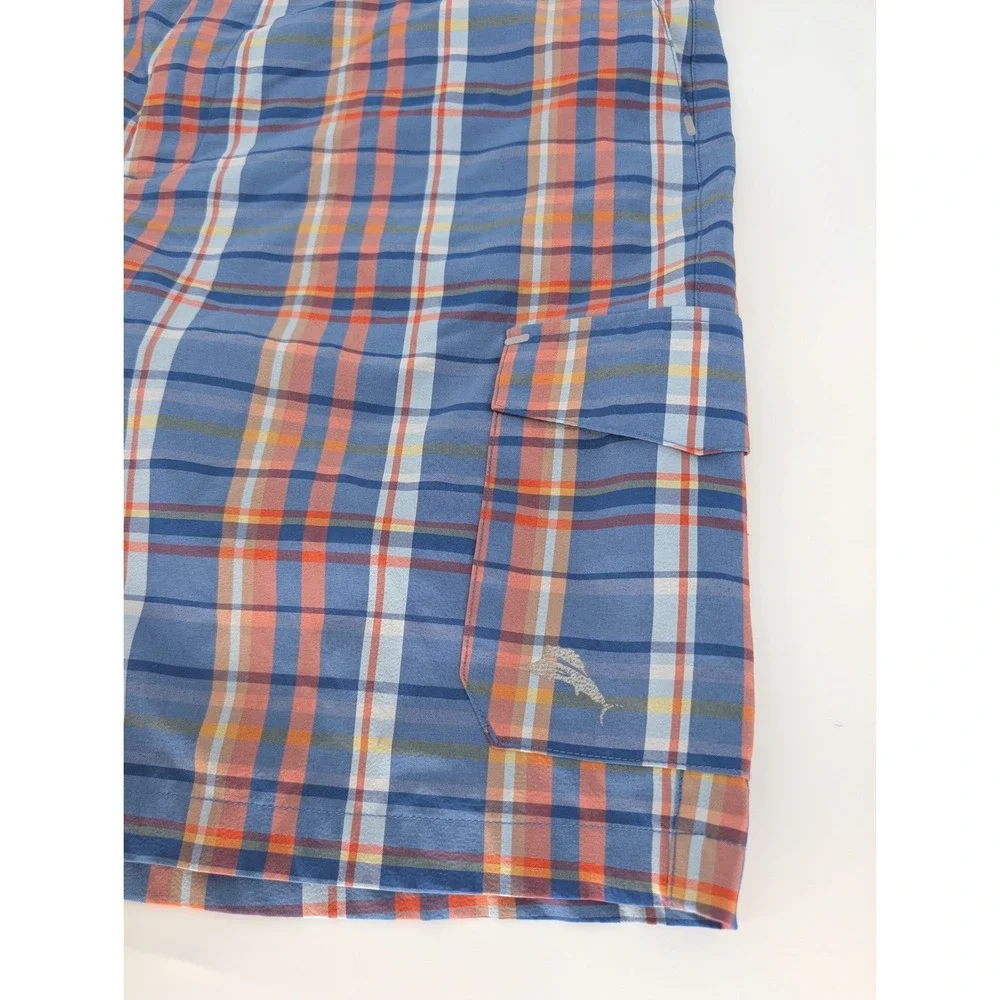 Tommy‎ Bahama Cargo Shorts Mens 38 Blue Orange Plaid Stretch Hybrid Performance